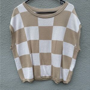 Checkered Tan and White Women's Sweater Top, Size Large